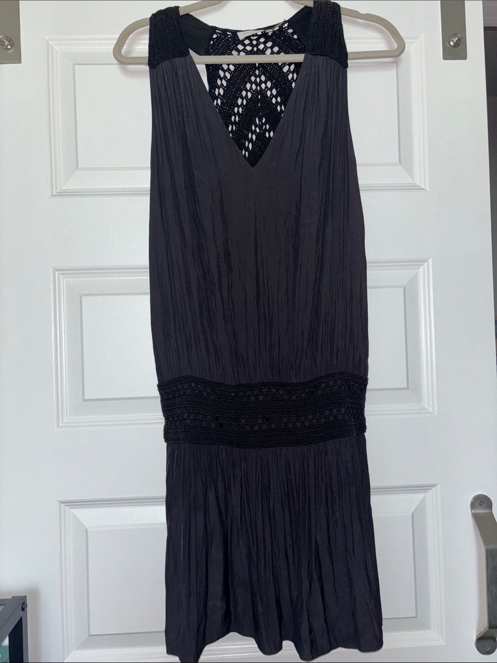 Ramy Brook Black Sleeveless V-Neck Crochet-Back Mini Dress